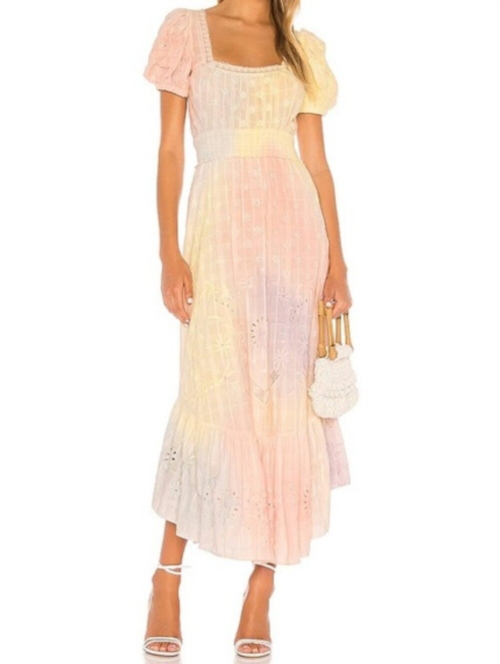 LoveShackFancy Begonia Cotton Eyelet Pastel Tie Dye Midi Dress
